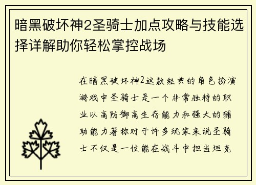 暗黑破坏神2圣骑士加点攻略与技能选择详解助你轻松掌控战场